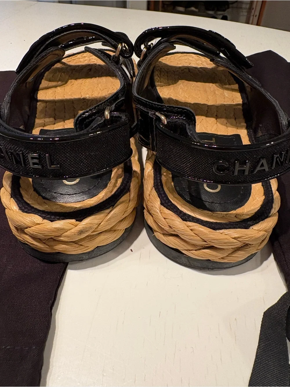 CHANEL Black Canvas and Natural Rope Espadrille Sandals